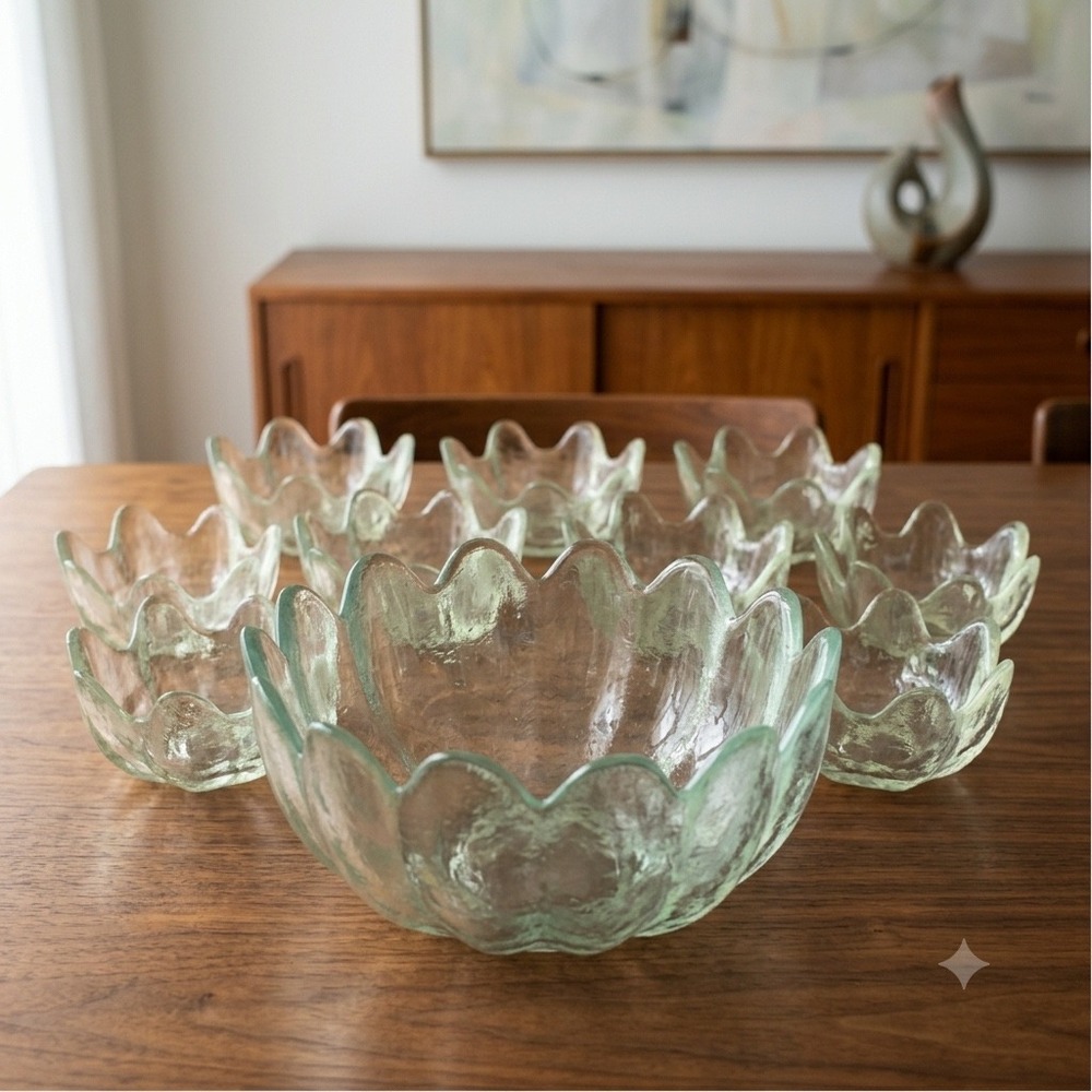 Blenko‎ 6143L Lotus Serving Bowl Set w 8 Matching 6143S Bowls in Crystal